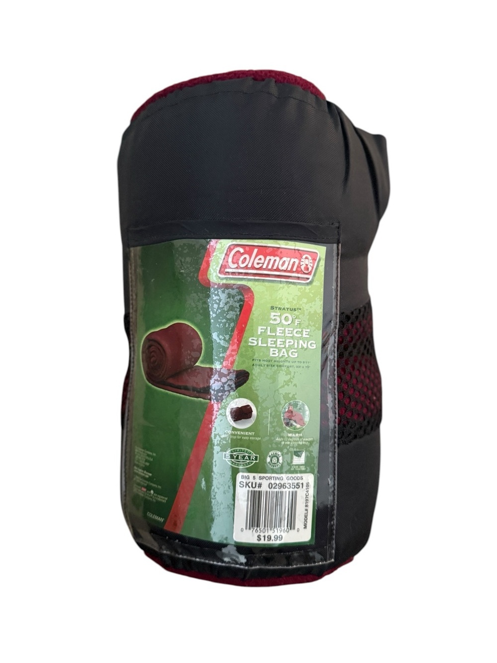 NWT Coleman 50 degrees F Fleece Sleeping Bag Adult Size 33” x 75”